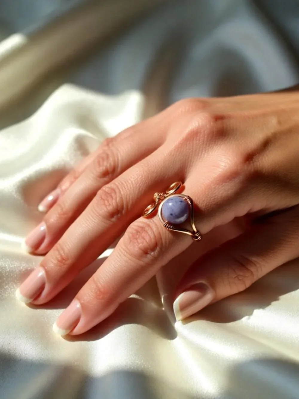 Hand Crafted! Feminine Copper Wire Ring w. Purple/Gray Agate - Adjustable Sz 6-7